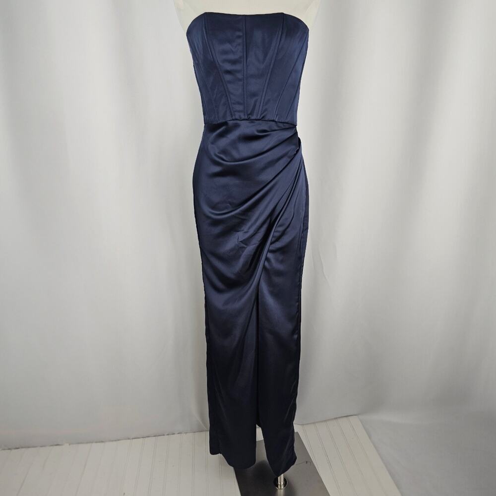 After Six Blue Satin Corset Draped Column Skirt Formal Maxi Dress Size 2R NWT - Picture 2 of 15